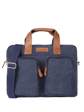 PRIMROSE Canvas Laptop Bag, Navy Blue with Brown Leather Handles, Dual Front Pockets, Shoulder Strap
